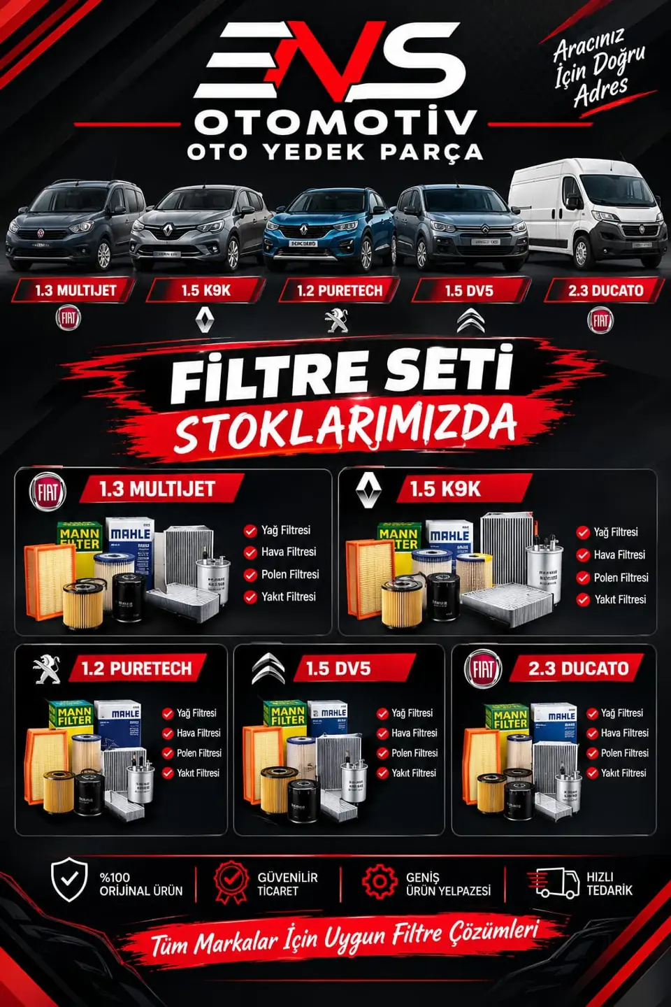 1.3 Multijet, 1.5 K9K, 1.2 PureTech, 1.5 DV5, 2.3 Ducato filtre setleri stokta